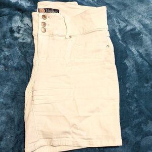 Stretchy white denim shorts long inseam copper details